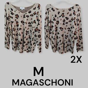 Magaschoni Womens Brown Leopard Animal Print Long Sleeve Pull Over Sweater 2X
